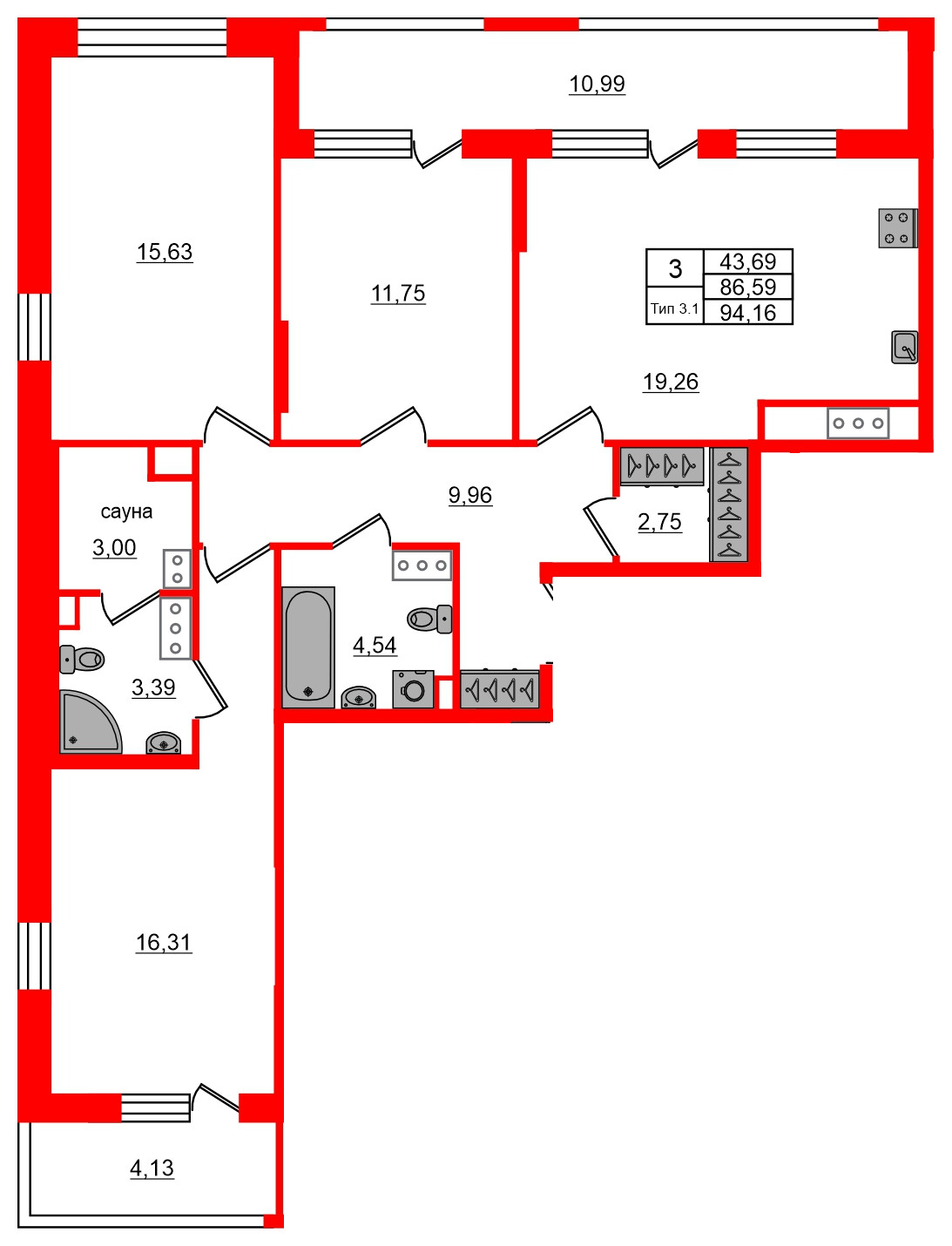 3-комнатная квартира № в: Setl Ривьера: 86.59 м²; этаж: 14 - купить в Санкт-Петербурге