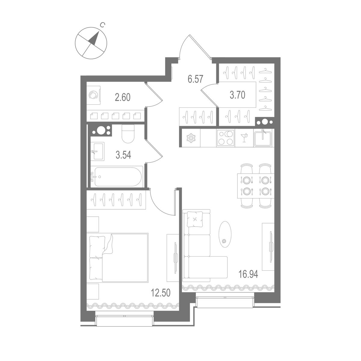 1-комнатная квартира №1 в: «Остров Первых»: 45.85 м²; этаж: 9 - купить в Санкт-Петербурге