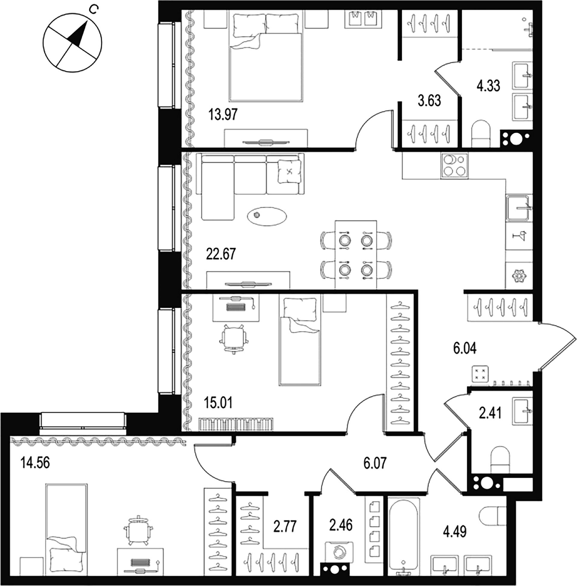 3-комнатная квартира  №66 в Остров Первых: 98.41 м², этаж 5 - купить в Санкт-Петербурге