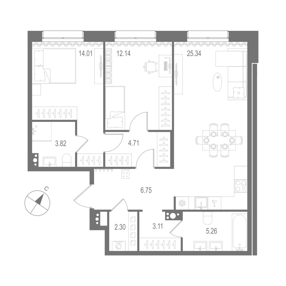 2-комнатная квартира, 77.44 м²; этаж: 3 - купить в Санкт-Петербурге