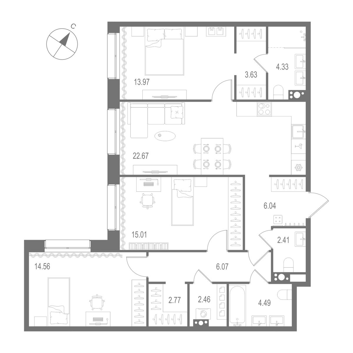 3-комнатная квартира, 98.41 м²; этаж: 7 - купить в Санкт-Петербурге