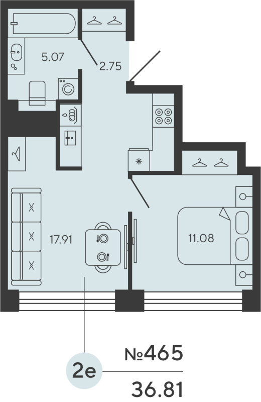 1-комнатная квартира  №465 в Bashni Element: 36.81 м², этаж 20 - купить в Санкт-Петербурге