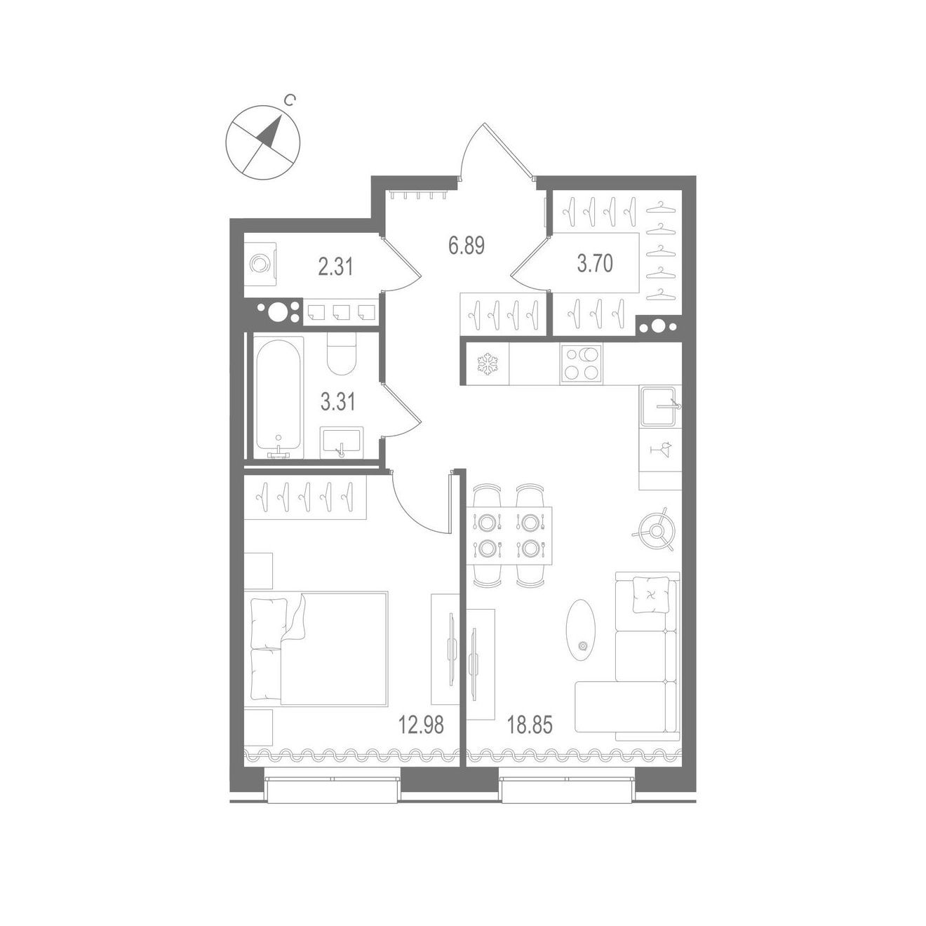 1-комнатная квартира №1 в: «Остров Первых»: 48.04 м²; этаж: 9 - купить в Санкт-Петербурге