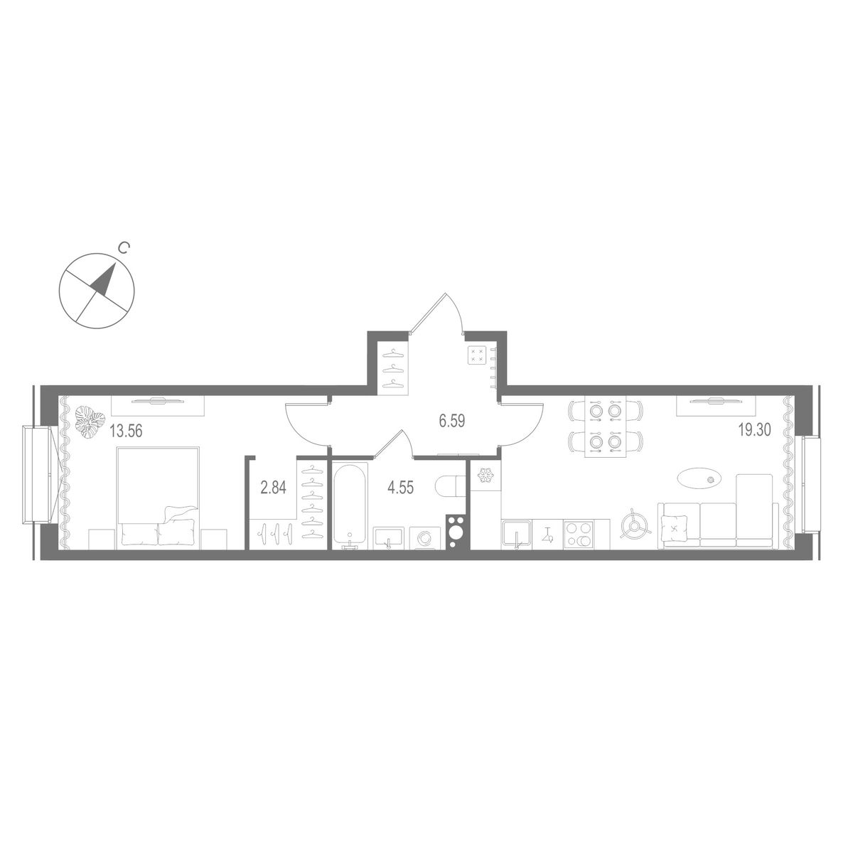 1-комнатная квартира №1 в: «Остров Первых»: 46.84 м²; этаж: 8 - купить в Санкт-Петербурге