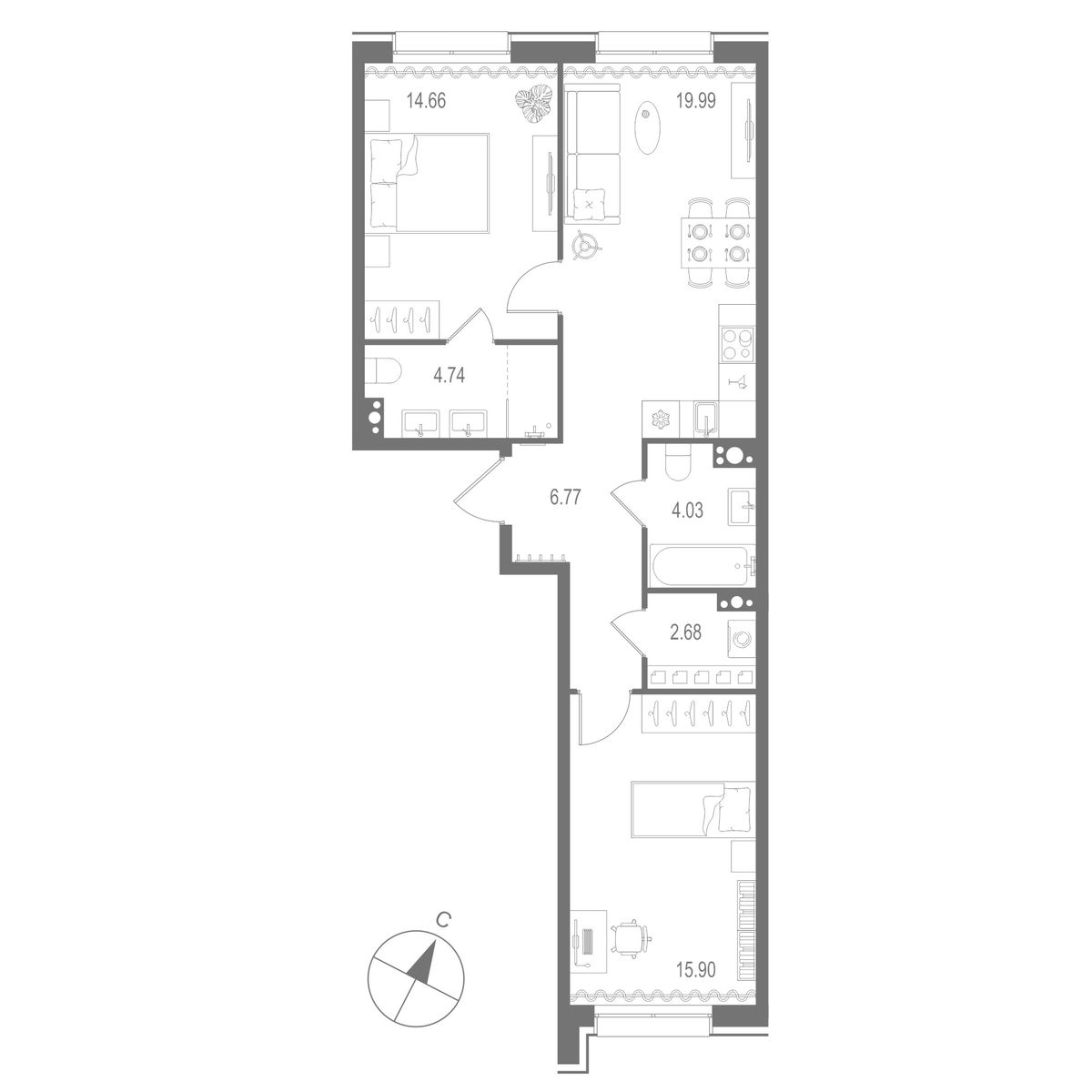 2-комнатная квартира, 68.77 м²; этаж: 6 - купить в Санкт-Петербурге