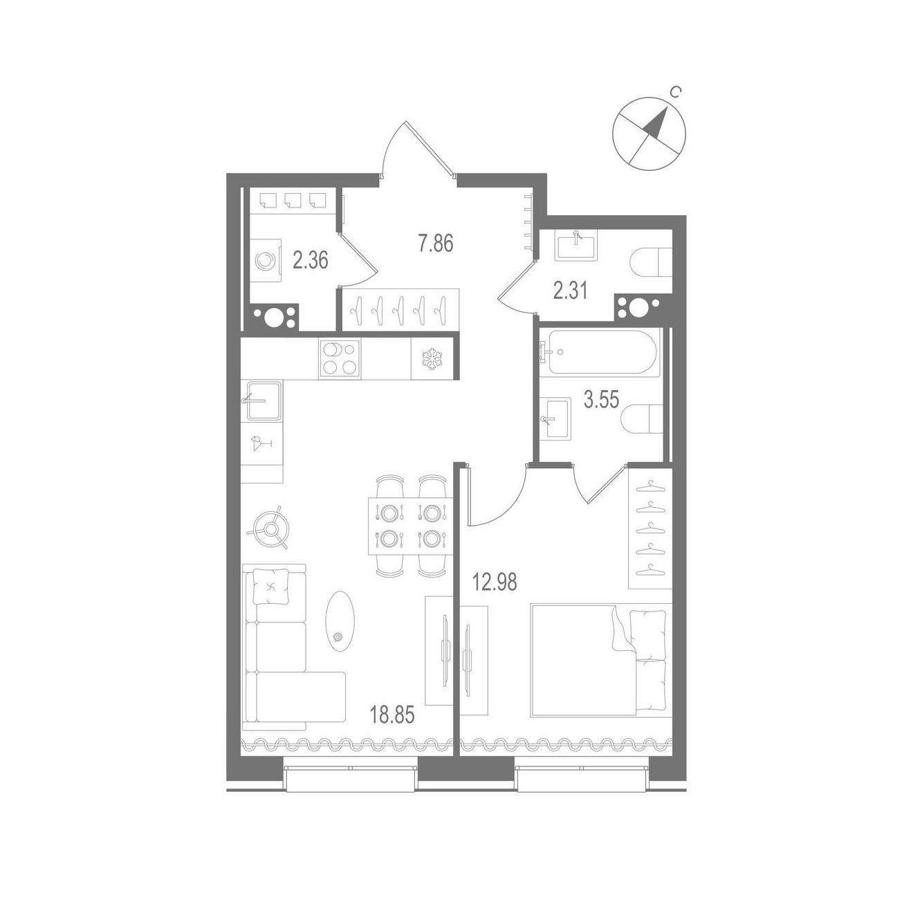 1-комнатная квартира №1 в: «Остров Первых»: 47.91 м²; этаж: 9 - купить в Санкт-Петербурге