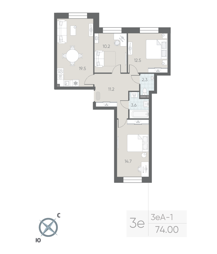 3-комнатная квартира  №7 в Большая Охта: 74 м², этаж 2 - купить в Санкт-Петербурге