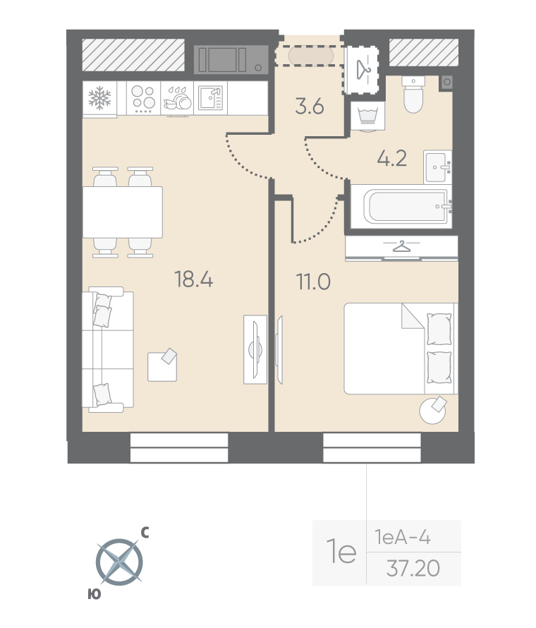 1-комнатная квартира  №130 в Большая Охта: 37.2 м², этаж 9 - купить в Санкт-Петербурге