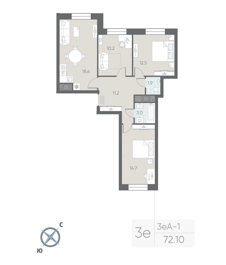 3-комнатная квартира  №35 в Большая Охта: 72.1 м², этаж 6 - купить в Санкт-Петербурге