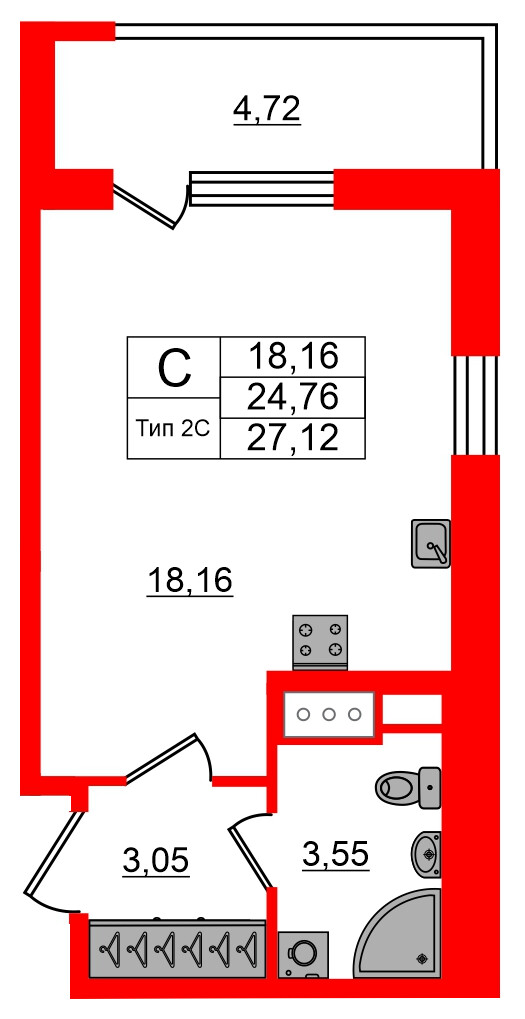1-комнатная квартира, 24.76 м²; этаж: 14 - купить в Санкт-Петербурге