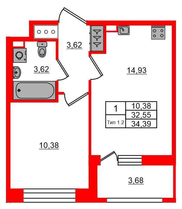 1-комнатная квартира, 32.55 м²; этаж: 12 - купить в Санкт-Петербурге