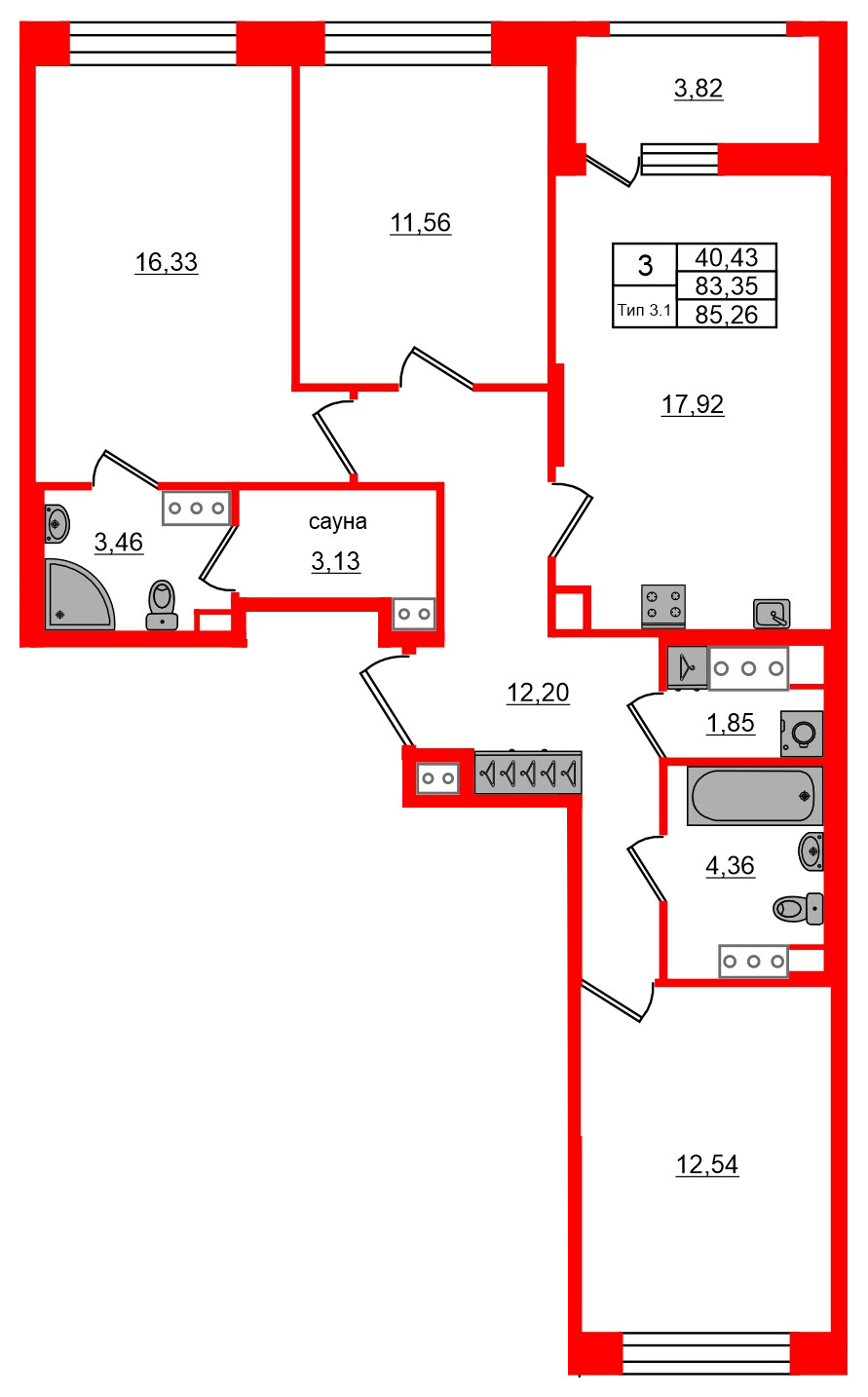 3-комнатная квартира № в: Setl Ривьера: 83.35 м²; этаж: 6 - купить в Санкт-Петербурге