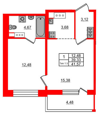 1-комнатная квартира, 39.33 м²; этаж: 16 - купить в Санкт-Петербурге