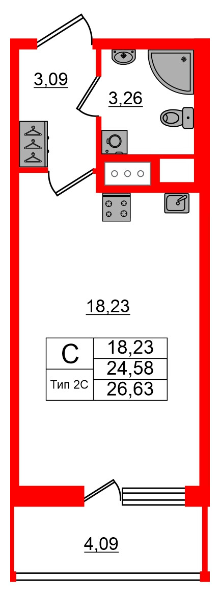 1-комнатная квартира, 24.58 м²; этаж: 17 - купить в Санкт-Петербурге