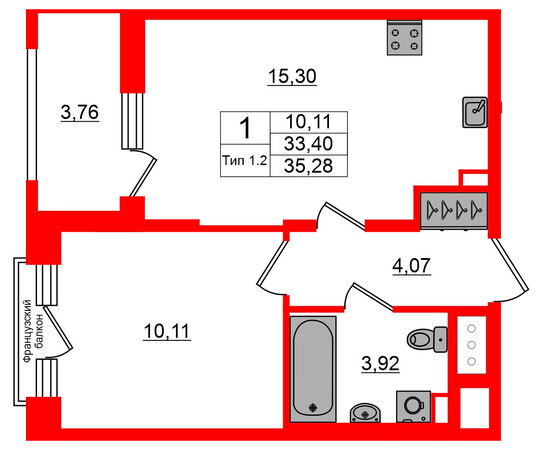1-комнатная квартира, 33.4 м²; этаж: 4 - купить в Санкт-Петербурге