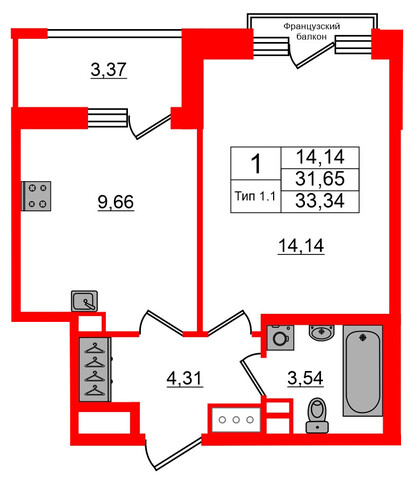 1-комнатная квартира, 31.65 м²; этаж: 12 - купить в Санкт-Петербурге
