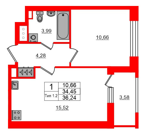 1-комнатная квартира, 34.45 м²; этаж: 13 - купить в Санкт-Петербурге