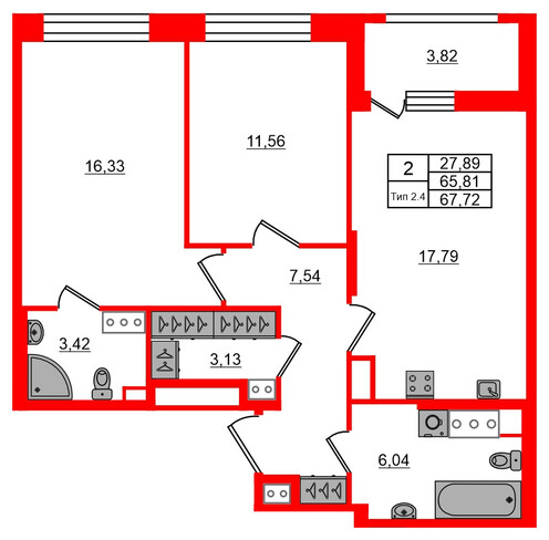 2-комнатная квартира, 65.81 м²; этаж: 17 - купить в Санкт-Петербурге