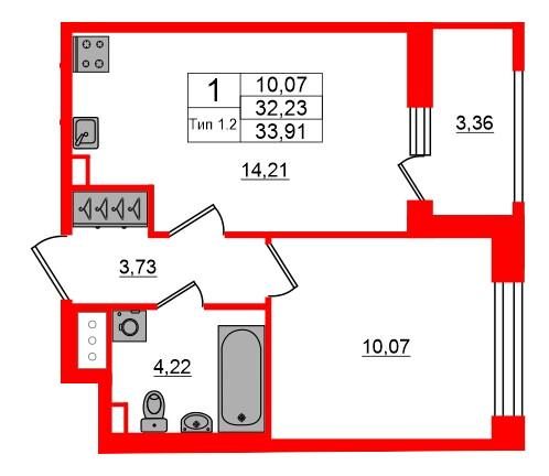 1-комнатная квартира, 32.23 м²; этаж: 17 - купить в Санкт-Петербурге