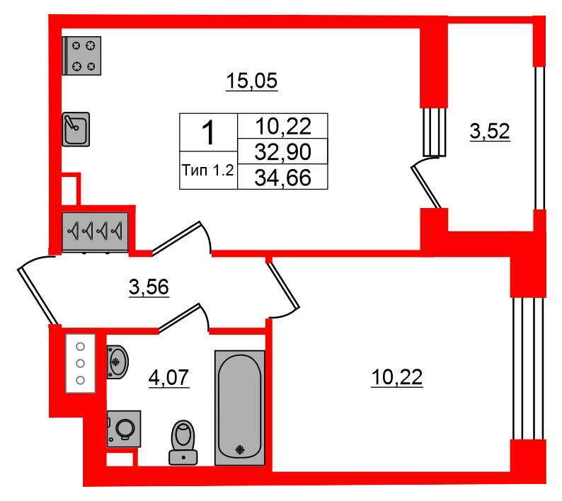 1-комнатная квартира, 32.9 м²; этаж: 17 - купить в Санкт-Петербурге
