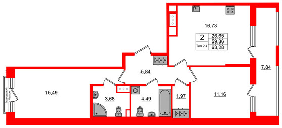 2-комнатная квартира, 59.36 м²; этаж: 4 - купить в Санкт-Петербурге