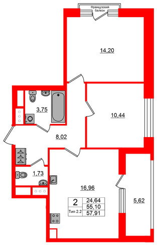 2-комнатная квартира, 55.1 м²; этаж: 9 - купить в Санкт-Петербурге