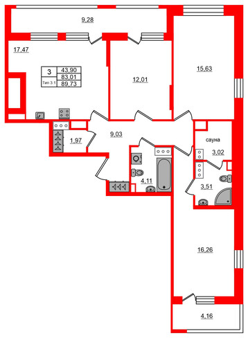 3-комнатная квартира № в: Setl Ривьера: 83.01 м²; этаж: 14 - купить в Санкт-Петербурге