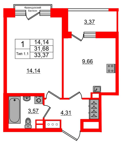 1-комнатная квартира, 31.68 м²; этаж: 13 - купить в Санкт-Петербурге
