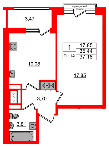 1-комнатная квартира, 35.44 м²; этаж: 12 - купить в Санкт-Петербурге