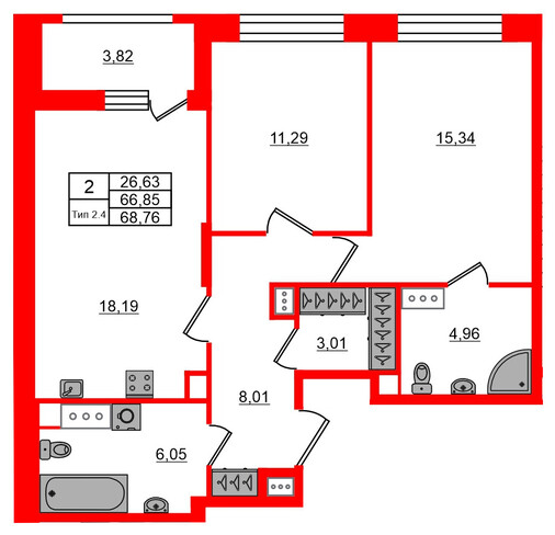 2-комнатная квартира, 66.85 м²; этаж: 10 - купить в Санкт-Петербурге