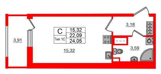 1-комнатная квартира, 22.9 м²; этаж: 14 - купить в Санкт-Петербурге