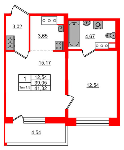 1-комнатная квартира, 39.05 м²; этаж: 14 - купить в Санкт-Петербурге