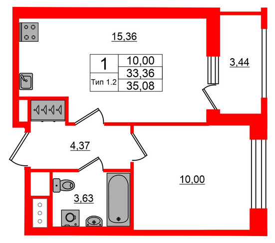 1-комнатная квартира, 33.36 м²; этаж: 17 - купить в Санкт-Петербурге