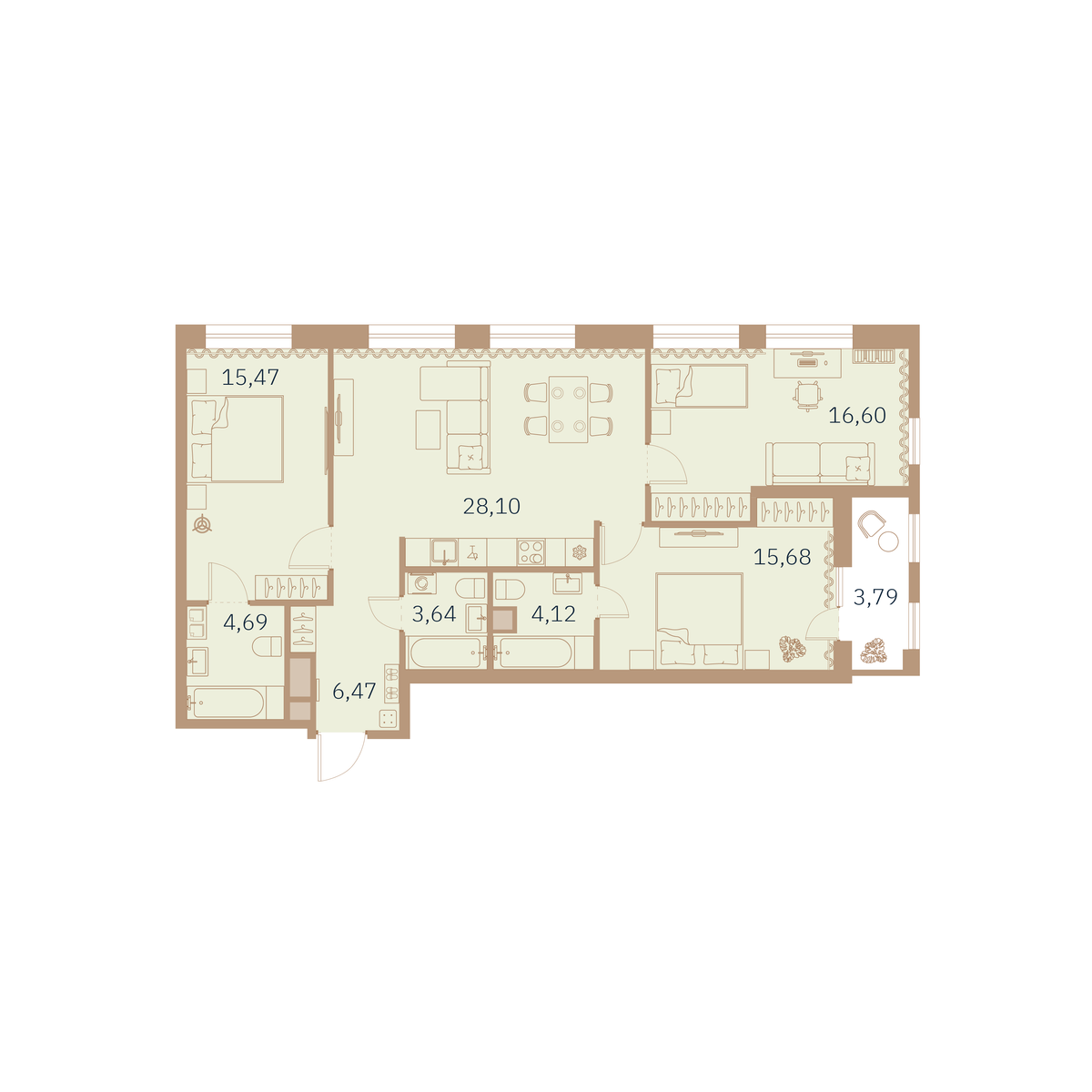 3-комнатная квартира №30 в: Talento: 95.79 м²; этаж: 3 - купить в Санкт-Петербурге
