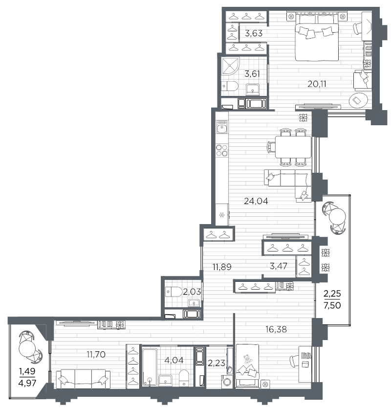 3-комнатная квартира, 106.87 м²; этаж: 11 - купить в Санкт-Петербурге