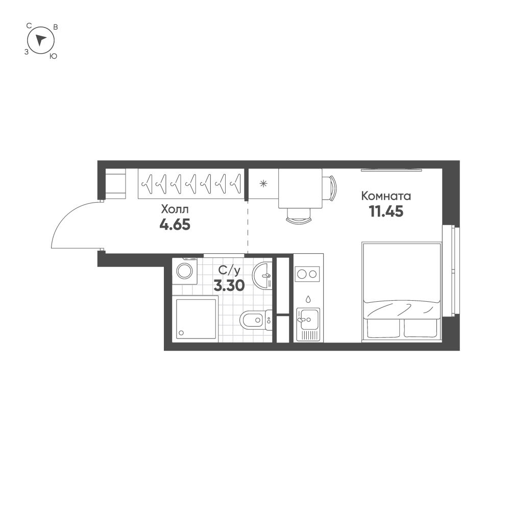1-комнатная квартира  №185 в Avenue Apart Pulkovo: 19.4 м², этаж 13 - купить в Санкт-Петербурге