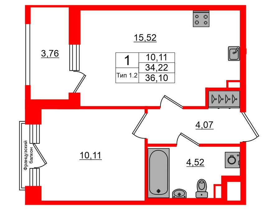 1-комнатная квартира, 34.22 м²; этаж: 2 - купить в Санкт-Петербурге