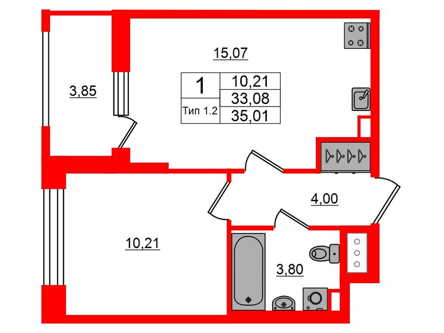 1-комнатная квартира, 33.08 м²; этаж: 14 - купить в Санкт-Петербурге