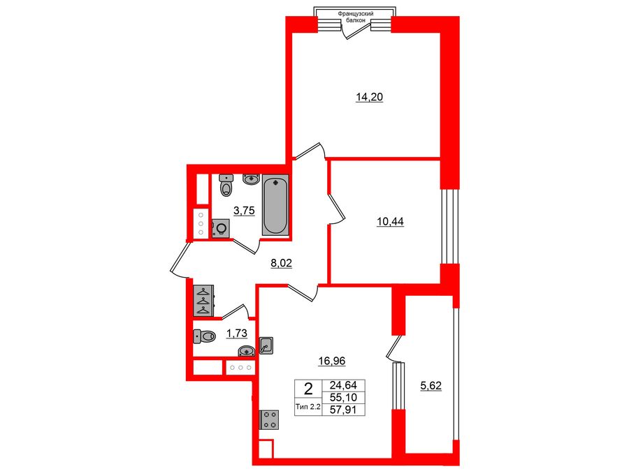 2-комнатная квартира, 55.1 м²; этаж: 6 - купить в Санкт-Петербурге