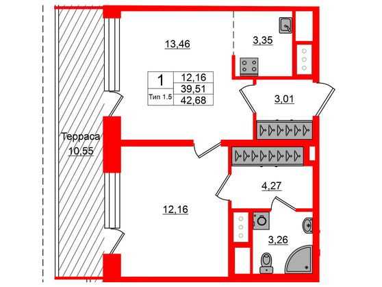 1-комнатная квартира, 39.51 м²; этаж: 12 - купить в Санкт-Петербурге