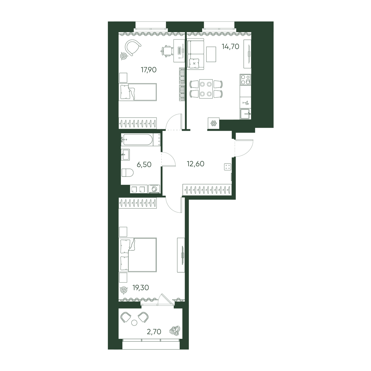 2-комнатная квартира  №111 в Моисеенко, 10: 73.7 м², этаж 6 - купить в Санкт-Петербурге