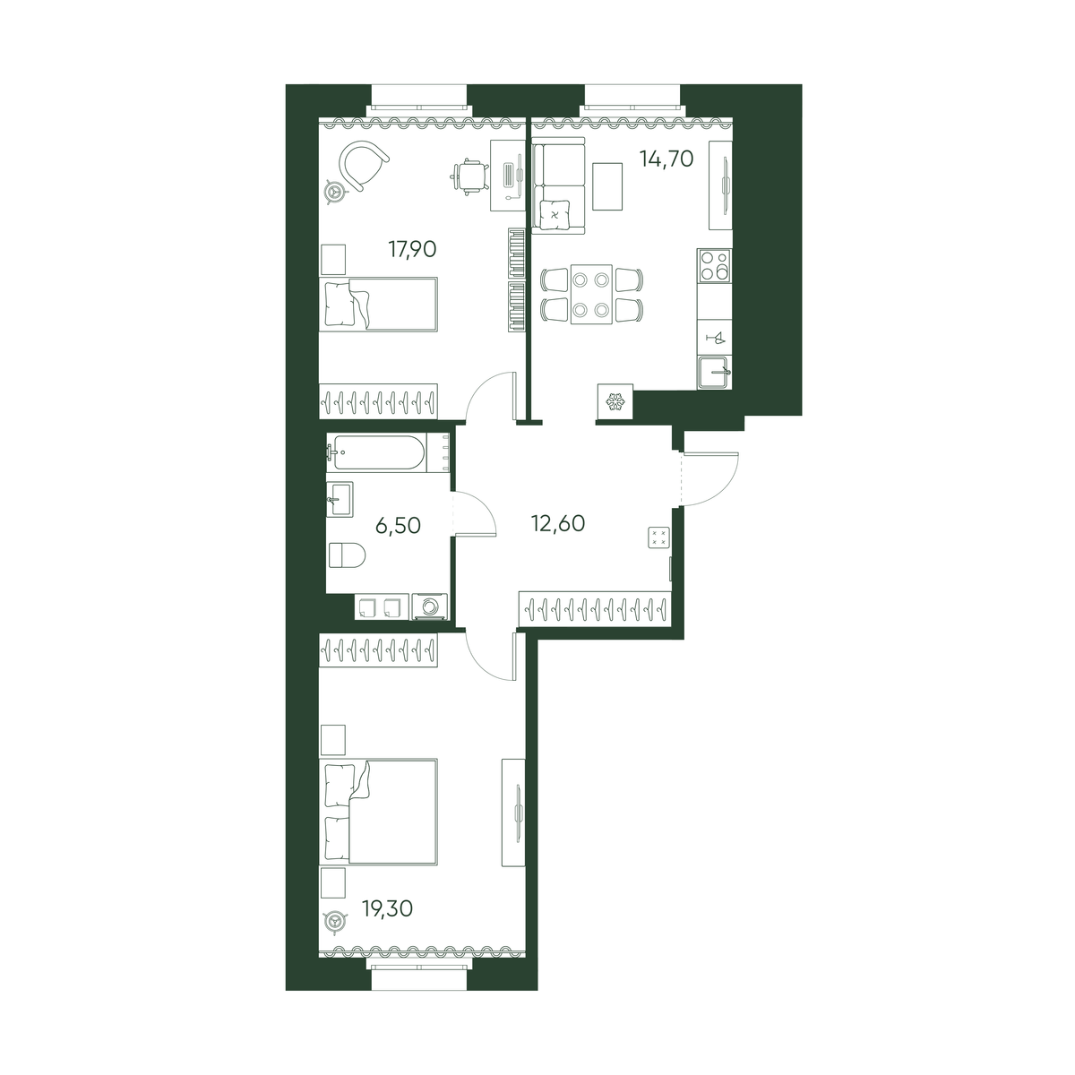 2-комнатная квартира  №96 в Моисеенко, 10: 71 м², этаж 3 - купить в Санкт-Петербурге
