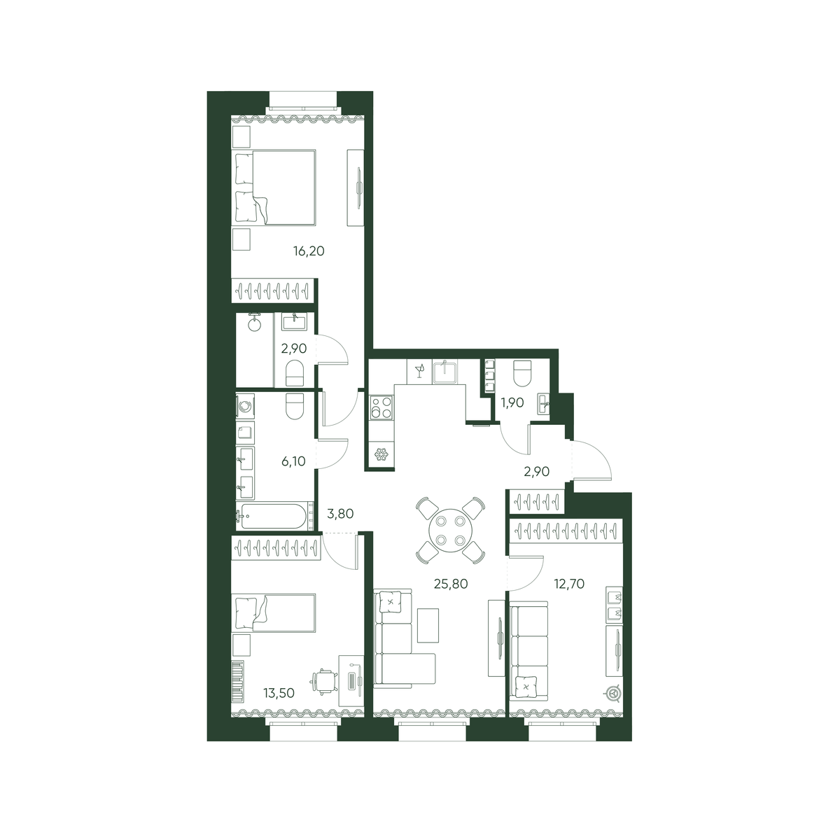 3-комнатная квартира  №136 в Моисеенко, 10: 85.8 м², этаж 3 - купить в Санкт-Петербурге