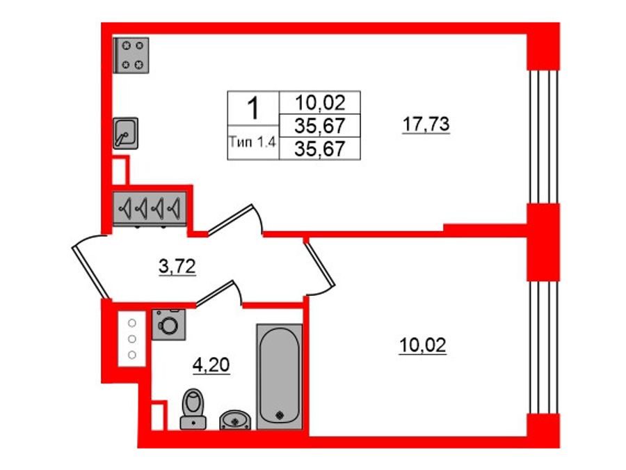 1-комнатная квартира, 35.67 м²; этаж: 3 - купить в Санкт-Петербурге