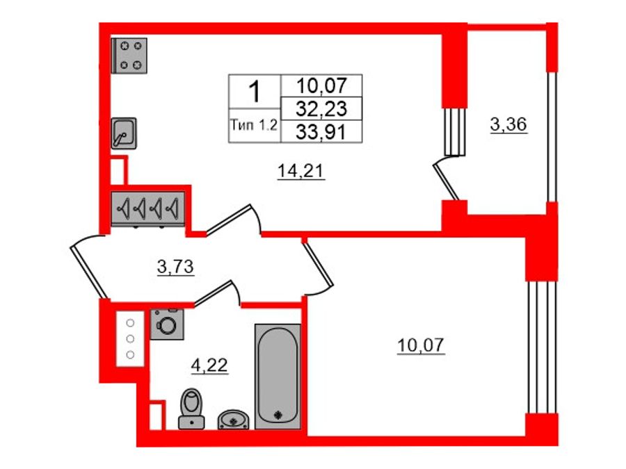 1-комнатная квартира, 32.23 м²; этаж: 9 - купить в Санкт-Петербурге