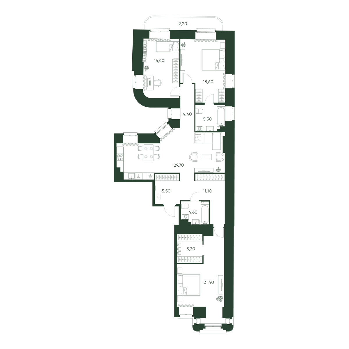 3-комнатная квартира  №19 в Моисеенко, 10: 123.6 м², этаж 5 - купить в Санкт-Петербурге