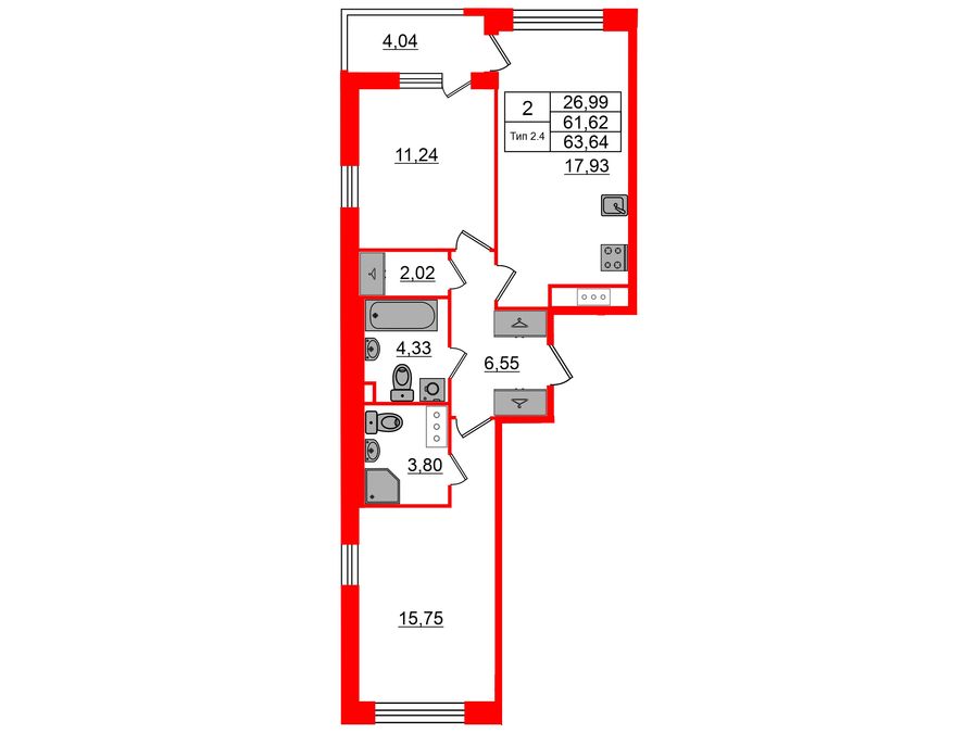 2-комнатная квартира, 61.62 м²; этаж: 8 - купить в Санкт-Петербурге