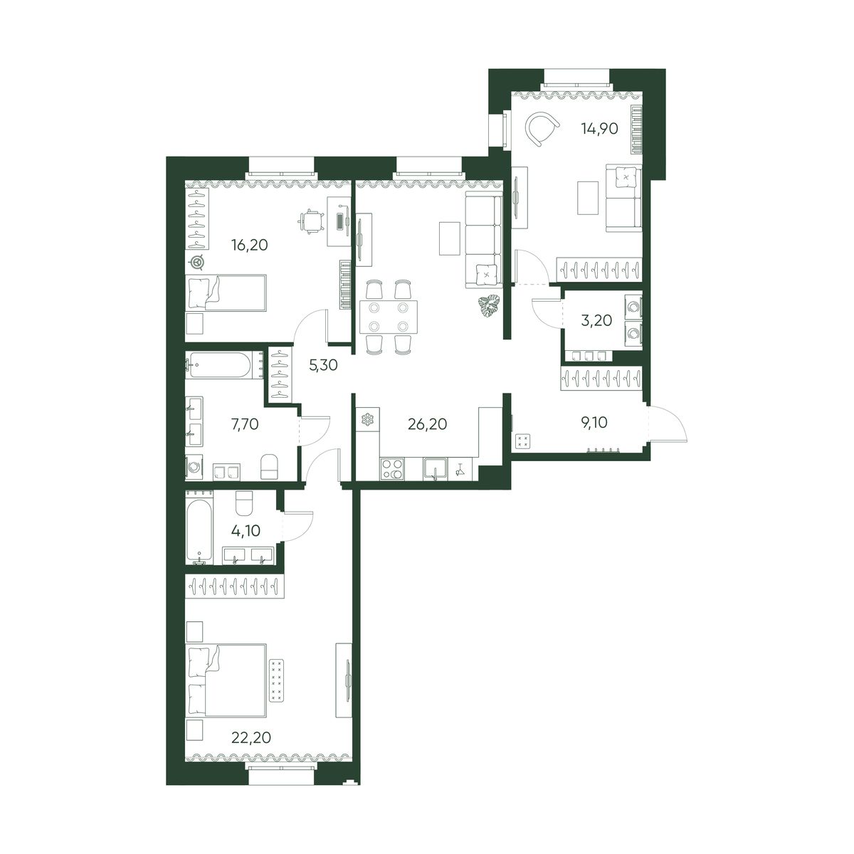 3-комнатная квартира  №37 в Моисеенко, 10: 108.9 м², этаж 3 - купить в Санкт-Петербурге