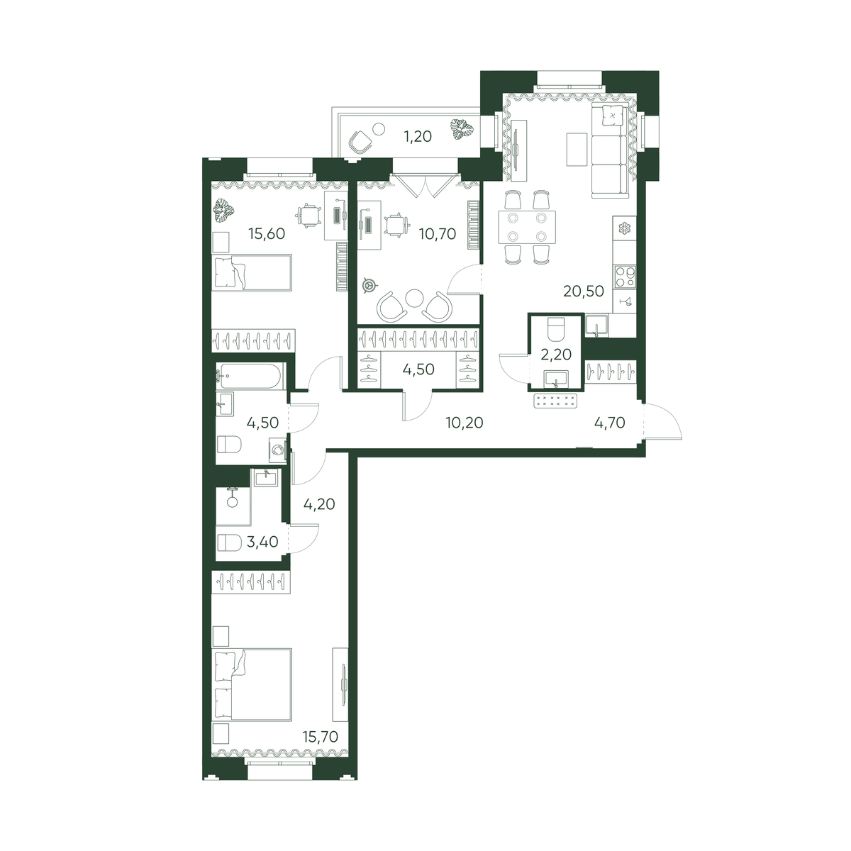 3-комнатная квартира  №73 в Моисеенко, 10: 97.4 м², этаж 5 - купить в Санкт-Петербурге