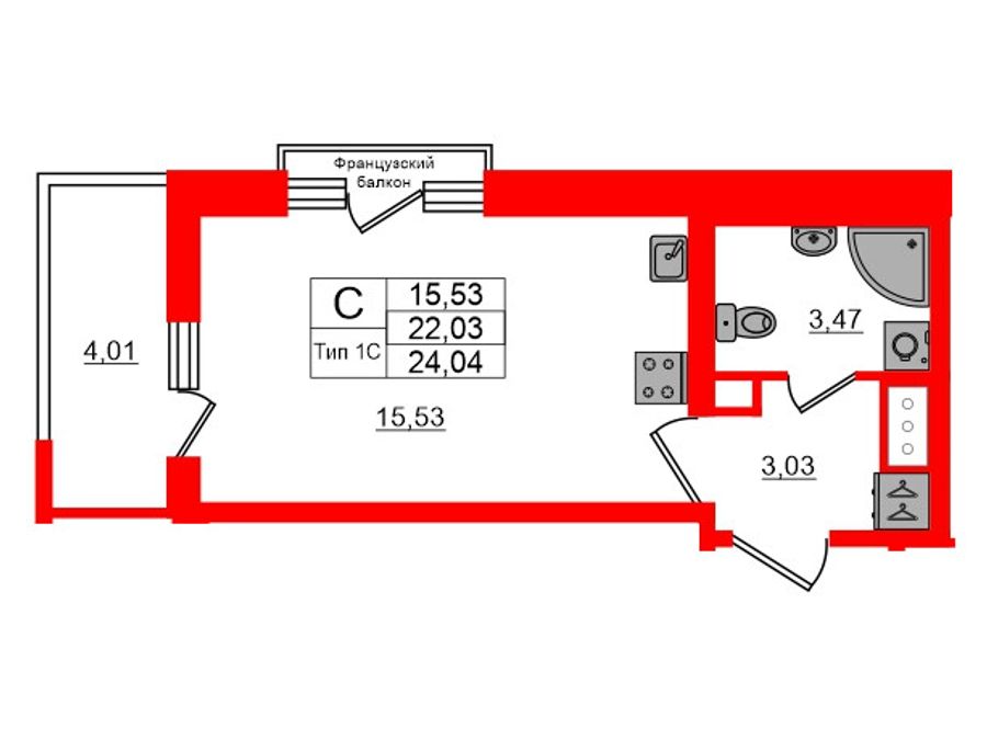1-комнатная квартира, 22.3 м²; этаж: 13 - купить в Санкт-Петербурге